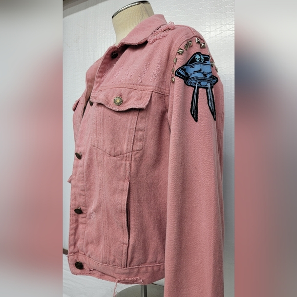 Pink Jean Jacket with Alien Graphics Upcycled Retro - Picture 6 of 9